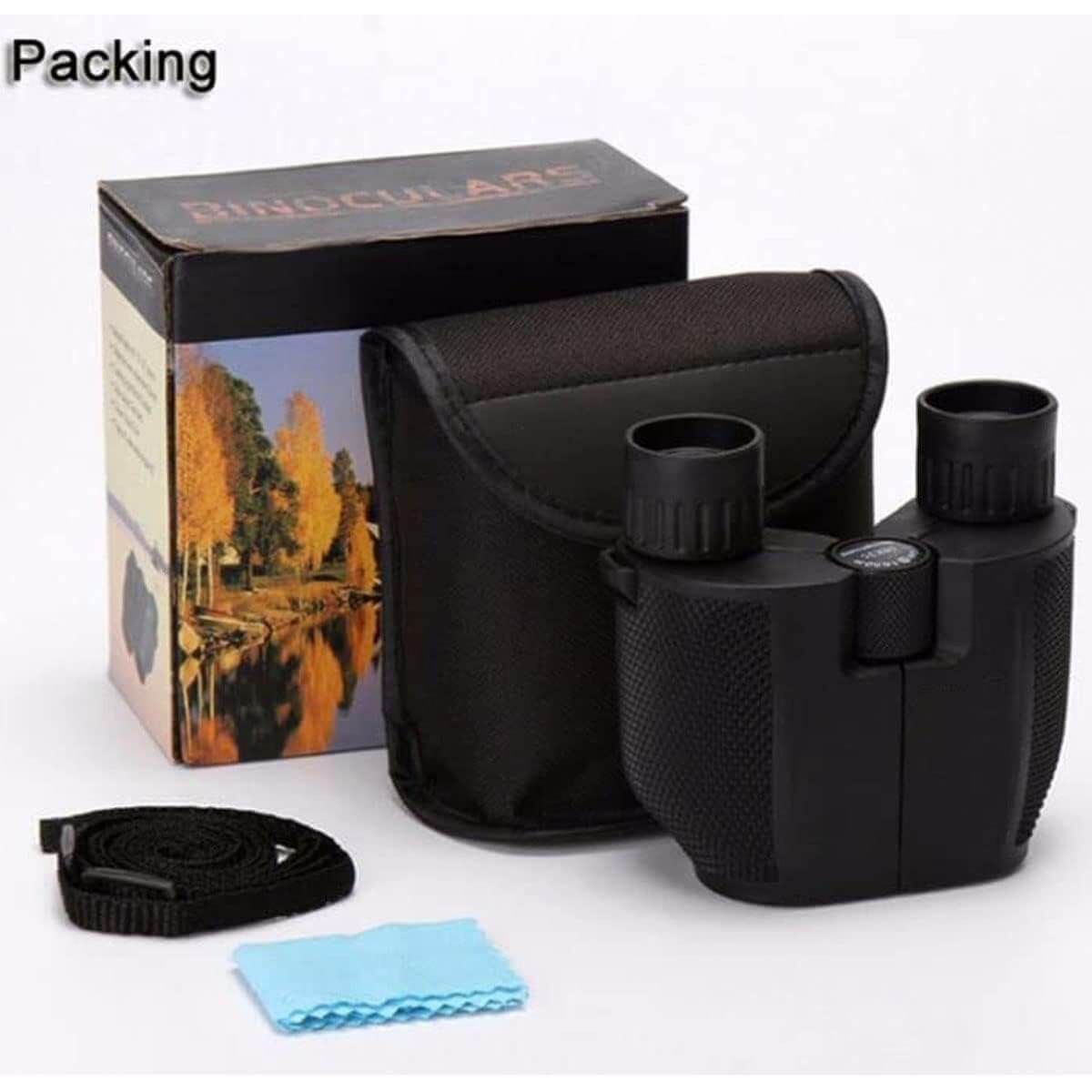 Black binoculars with carrying case, strap, and cleaning cloth on a white background