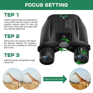 Binoculars with focus setting instructions and examples of use on a white background