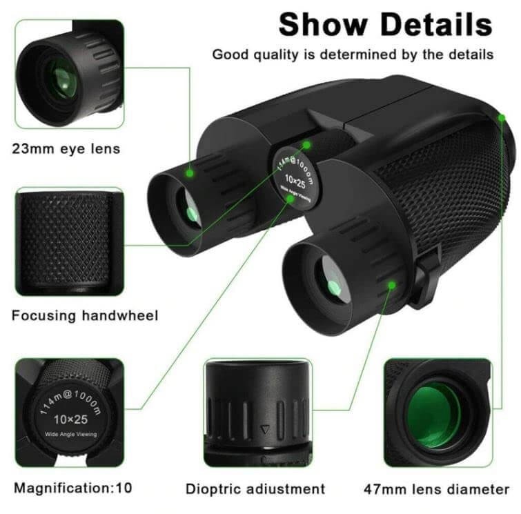 Black binoculars with detailed specifications on a white background