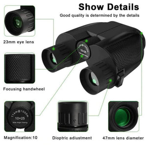 Black binoculars with detailed specifications on a white background