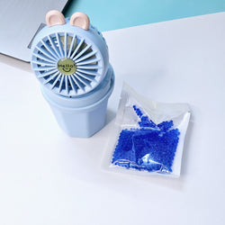 "Usmile Toys portable mini desk fan set for children, designed with an adorable bunny ear top and a compact base, perfect for study or play areas, available in blue and pink." www.usmile.toys