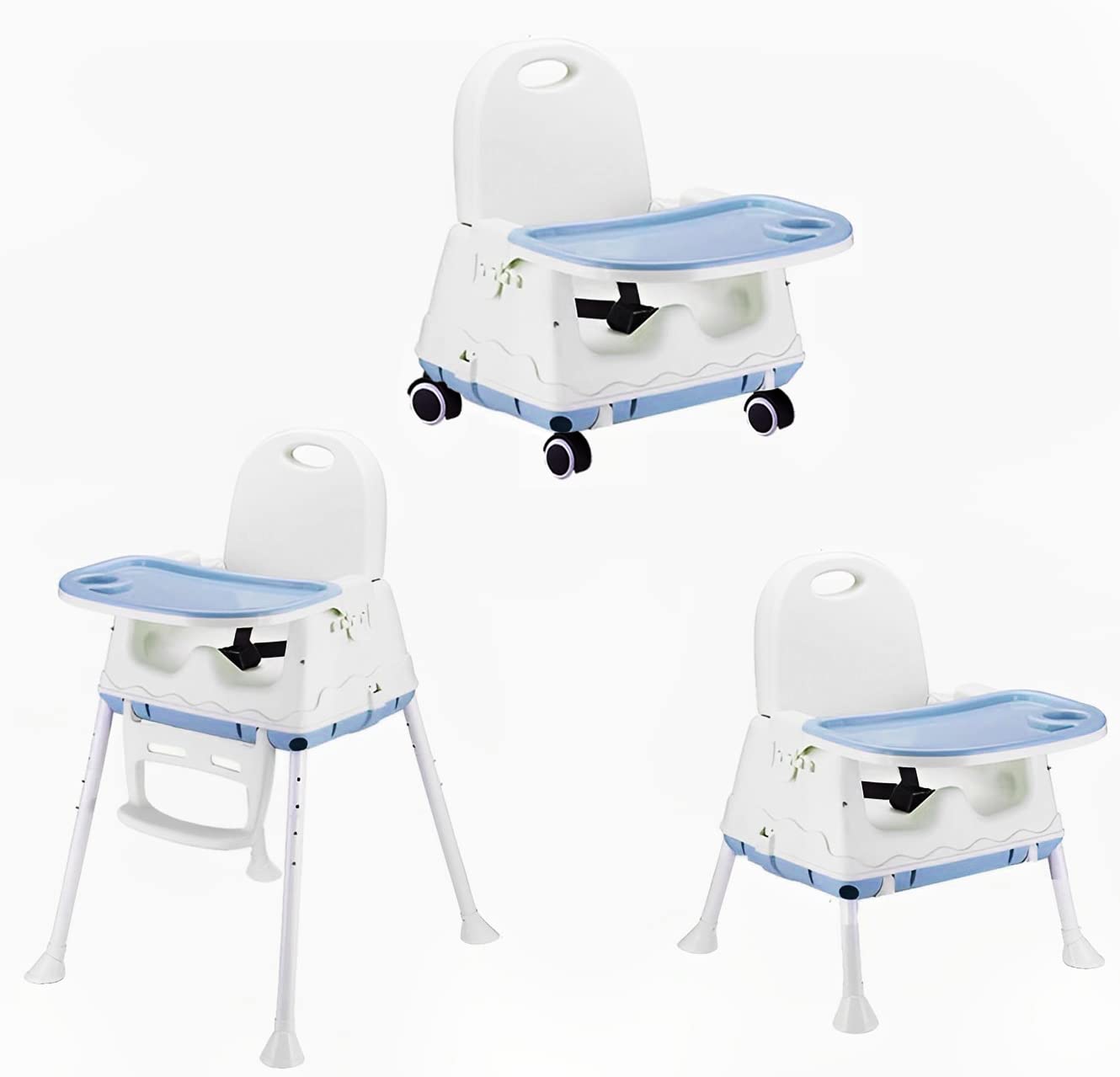 White and blue convertible high chair for baby kids, shown as a safety toddler feeding booster seat, a dining table chair, and a low chair with wheels. Ideal for infant and toddler mealtime on usmile.toys. www.usmile.toys