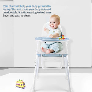 White and blue convertible high chair for baby kids, shown as a safety toddler feeding booster seat, a dining table chair, and a low chair with wheels. Ideal for infant and toddler mealtime on usmile.toys. www.usmile.toys