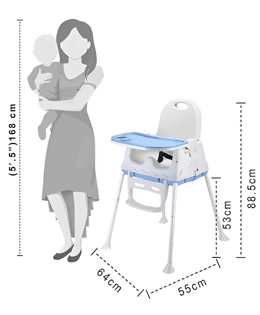White and blue convertible high chair for baby kids, shown as a safety toddler feeding booster seat, a dining table chair, and a low chair with wheels. Ideal for infant and toddler mealtime on usmile.toys. www.usmile.toys