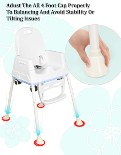 Multifunctional baby high chair and toddler booster seat in white and blue, offering safety features and adaptable designs for dining and feeding, with options for wheels or stable legs. www.usmile.toys