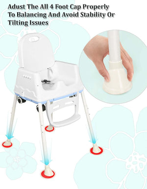 Multifunctional baby high chair and toddler booster seat in white and blue, offering safety features and adaptable designs for dining and feeding, with options for wheels or stable legs. www.usmile.toys