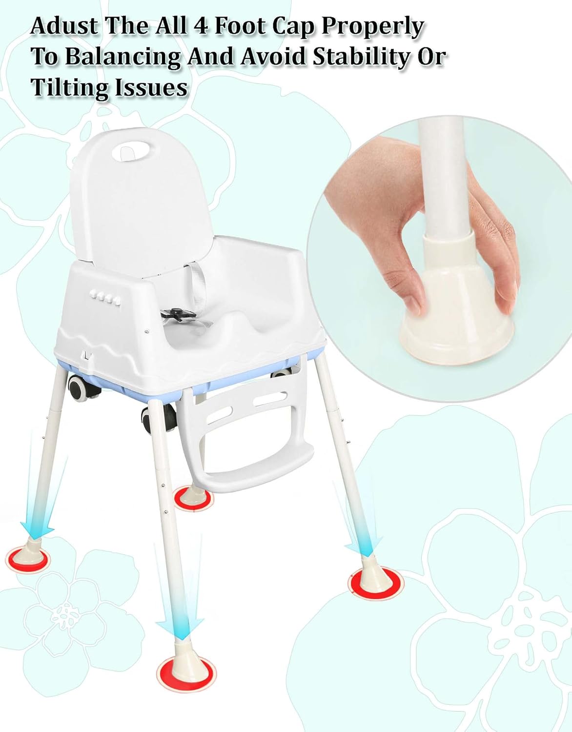 Multifunctional baby high chair and toddler booster seat in white and blue, offering safety features and adaptable designs for dining and feeding, with options for wheels or stable legs. www.usmile.toys