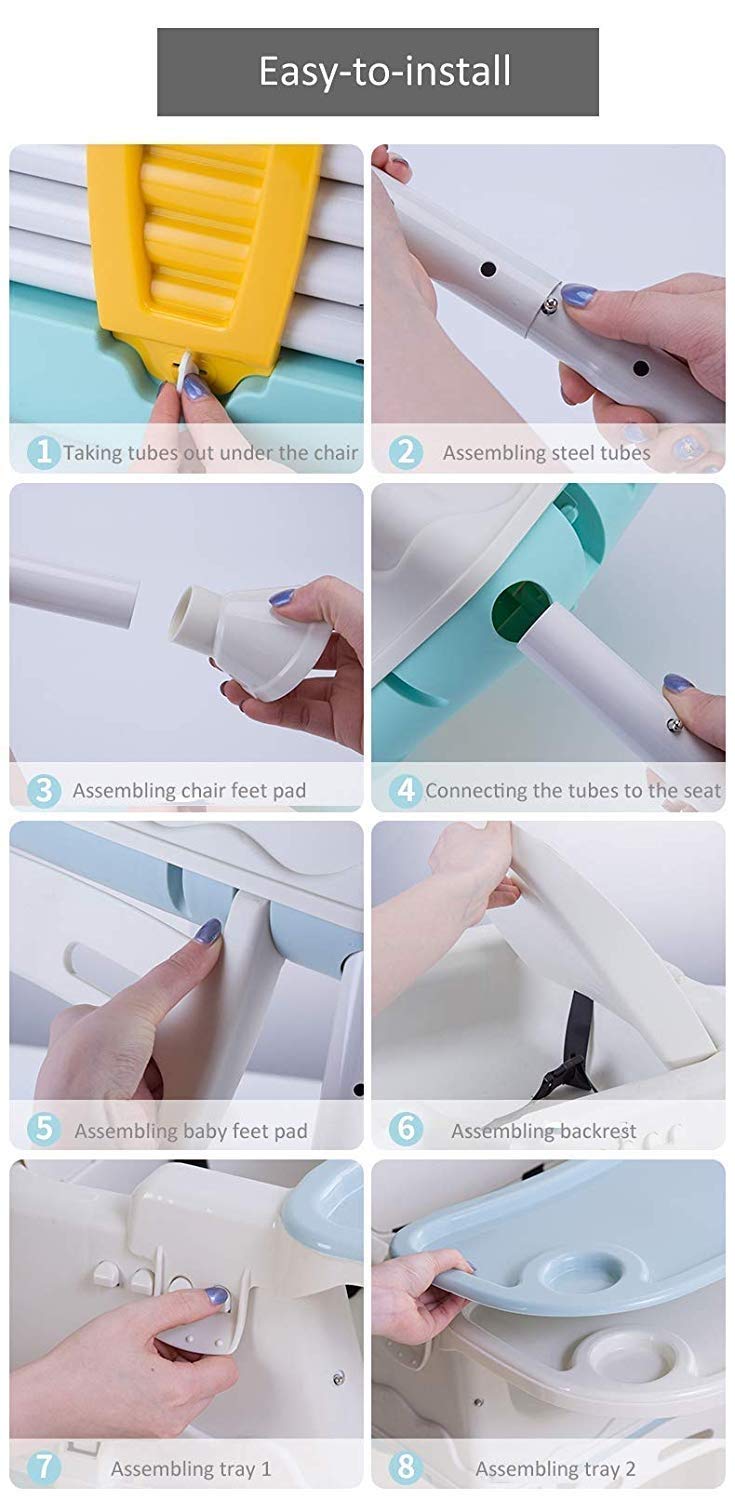 Baby kids high chair with booster seat, white and blue, convertible for feeding and dining. www.usmile.toys