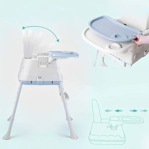 Multifunctional baby high chair and toddler booster seat in white and blue, offering safety features and adaptable designs for dining and feeding, with options for wheels or stable legs. www.usmile.toys