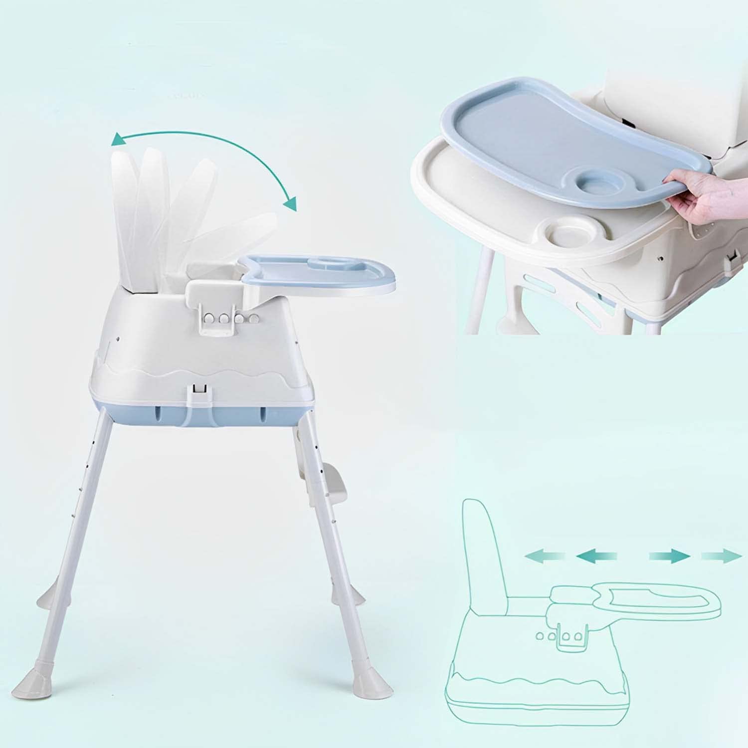 Multifunctional baby high chair and toddler booster seat in white and blue, offering safety features and adaptable designs for dining and feeding, with options for wheels or stable legs. www.usmile.toys
