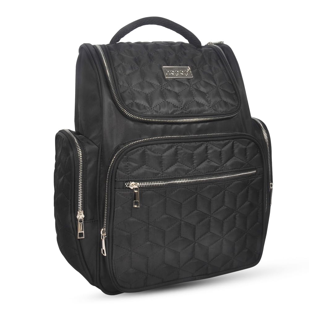 Stylish black textured diaper backpack with multiple zippered compartments and a top handle, perfect for organizing baby essentials. www.usmile.toys