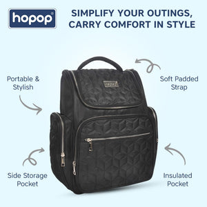 Stylish black textured diaper backpack with multiple zippered compartments and a top handle, perfect for organizing baby essentials. www.usmile.toys