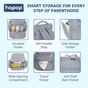 Front view of a black geometric quilted pattern diaper backpack with silver zippers and a subtle brand tag. www.usmile.toys