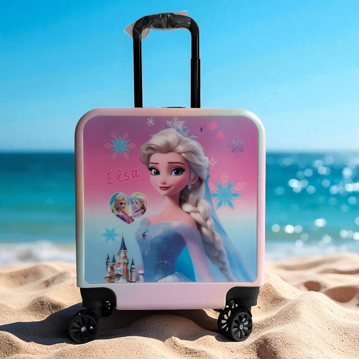new 3D trolley bag featuring a colorful Labubu character design on an island scene, with smooth-rolling wheels and a telescopic handle, ideal for travel. www.usmile.toys