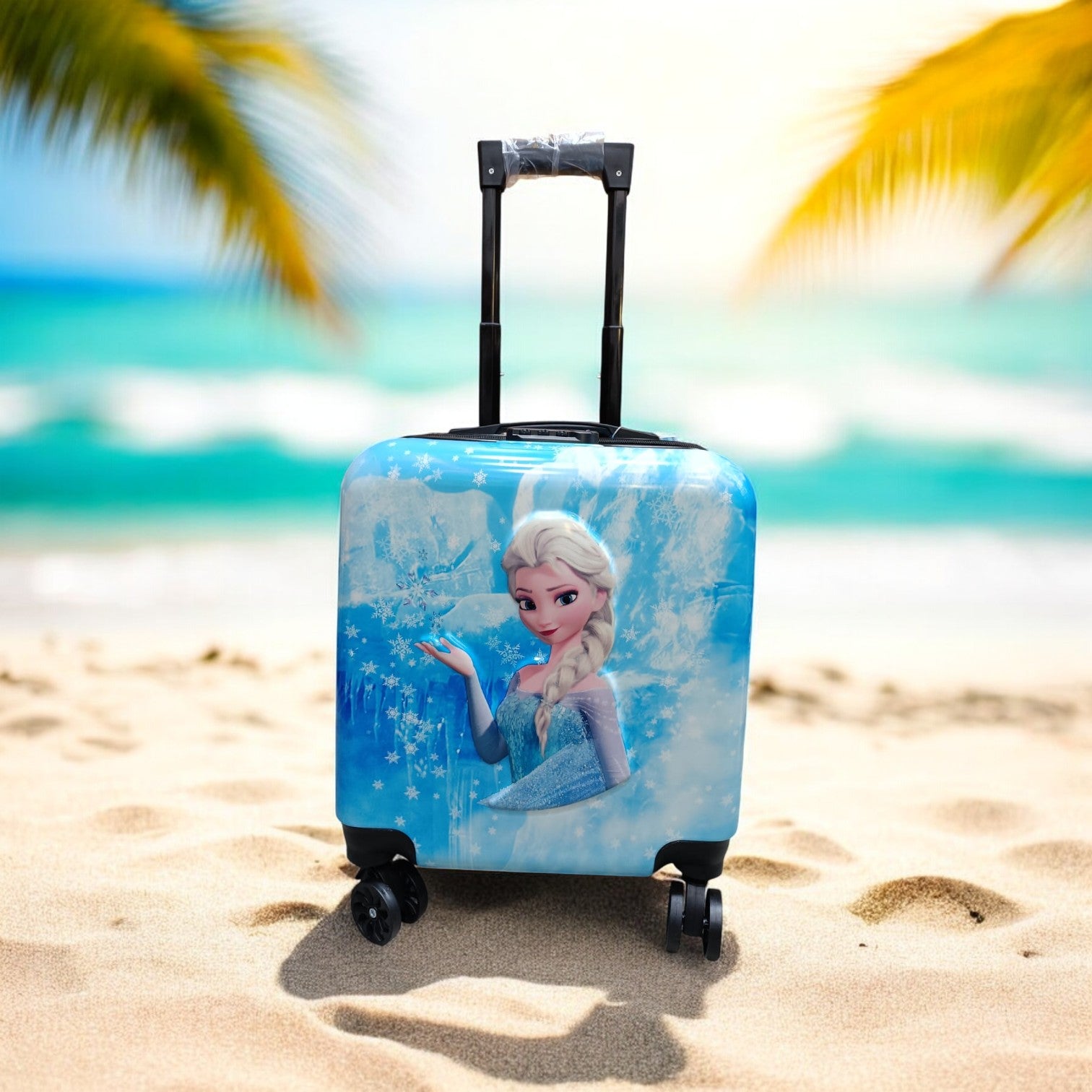 Blue Disney Frozen Elsa 3D kids trolley bag for travel, featuring a detailed character graphic and spinner wheels. Perfect children's luggage for www.usmile.toys