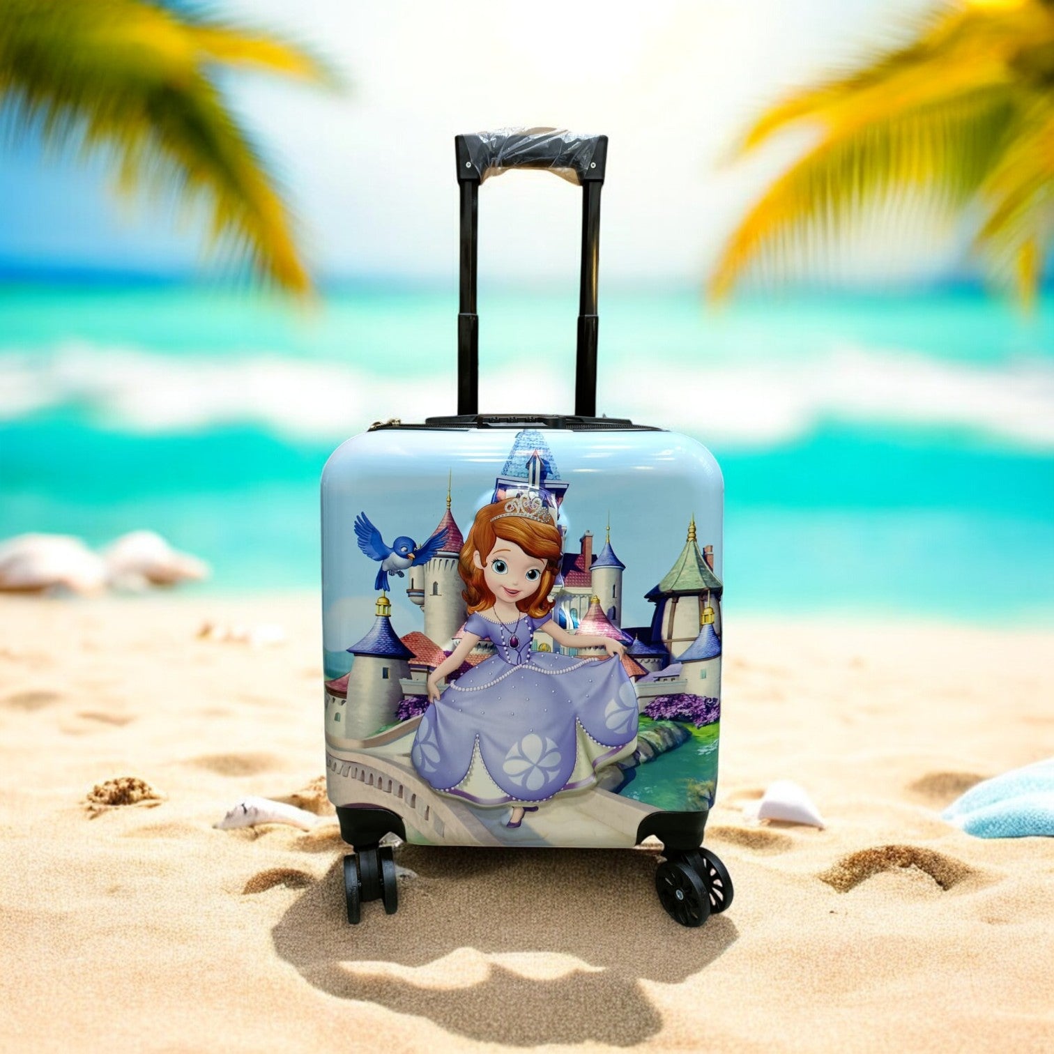 Blue Disney Princess Sofia 3D kids trolley bag for travel, featuring a detailed castle graphic and spinner wheels. Perfect children's luggage for www.usmile.toys