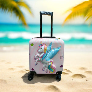 Pink unicorn 3D kids trolley bag for travel, featuring a detailed winged unicorn graphic and spinner wheels. Perfect children's luggage for www.usmile.toys
