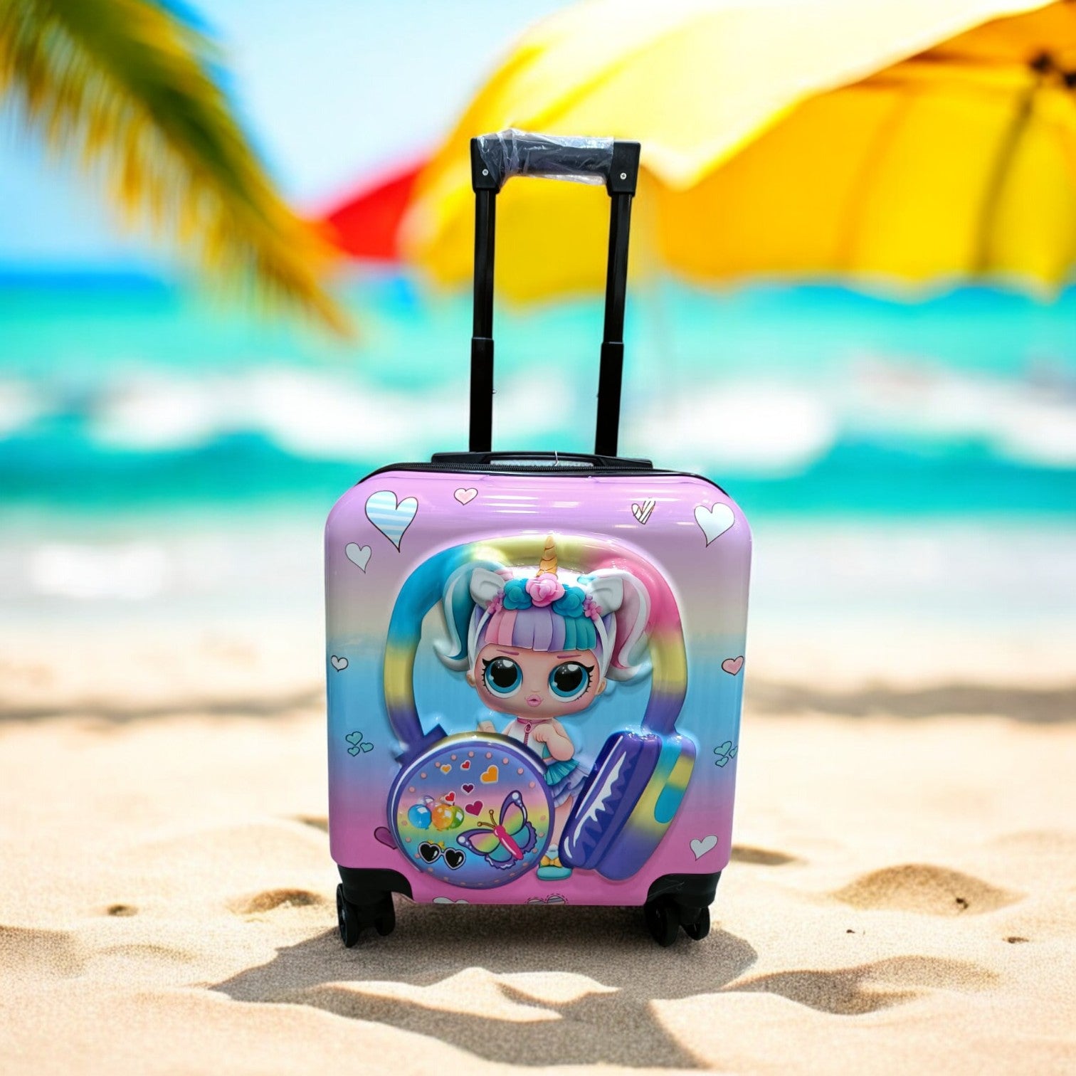 Pink and blue 3D kids trolley bag with a cute cartoon doll and unicorn headphones design, featuring hearts and stars. Perfect children's luggage for www.usmile.toys