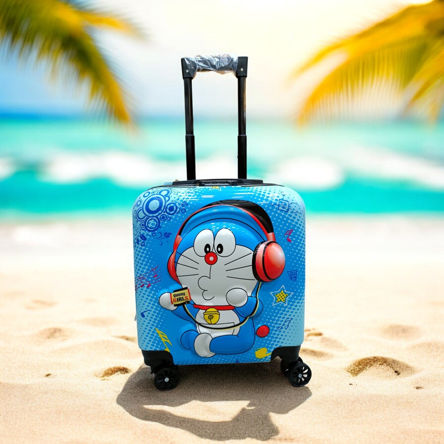 Blue Doraemon 3D kids trolley bag for travel, featuring the character with headphones and musical notes. Perfect children's luggage for www.usmile.toys