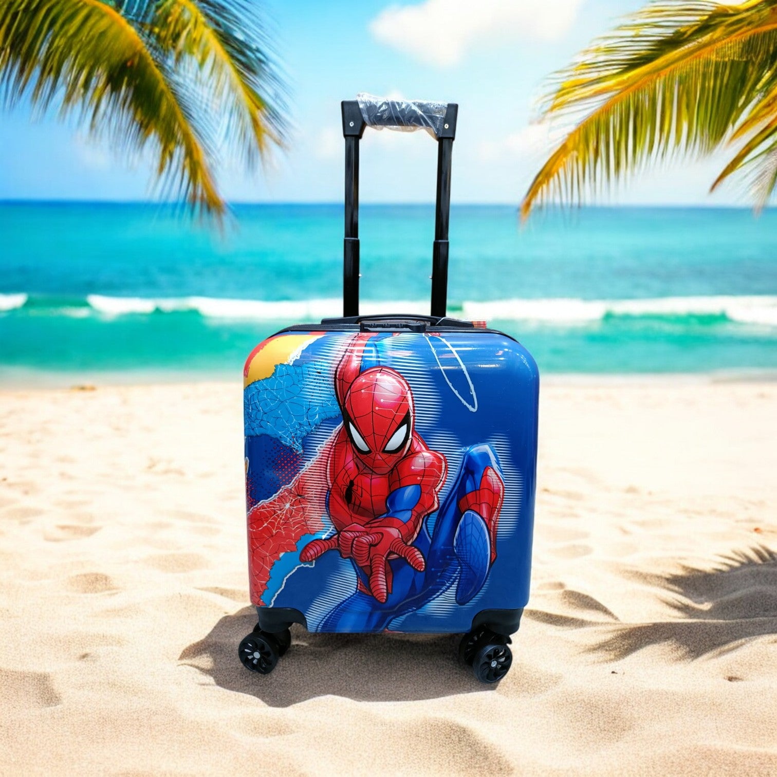Blue Spider-Man 3D kids trolley bag for travel, featuring the Marvel superhero in an action pose. Perfect children's luggage for www.usmile.toys