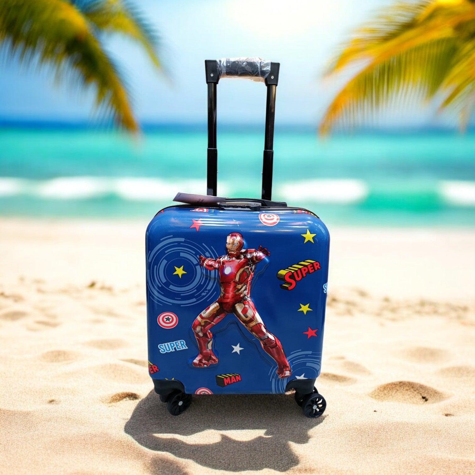 Blue Iron Man 3D kids trolley bag for travel, featuring the Marvel superhero and 'SUPER MAN' text. Perfect children's luggage for www.usmile.toys
