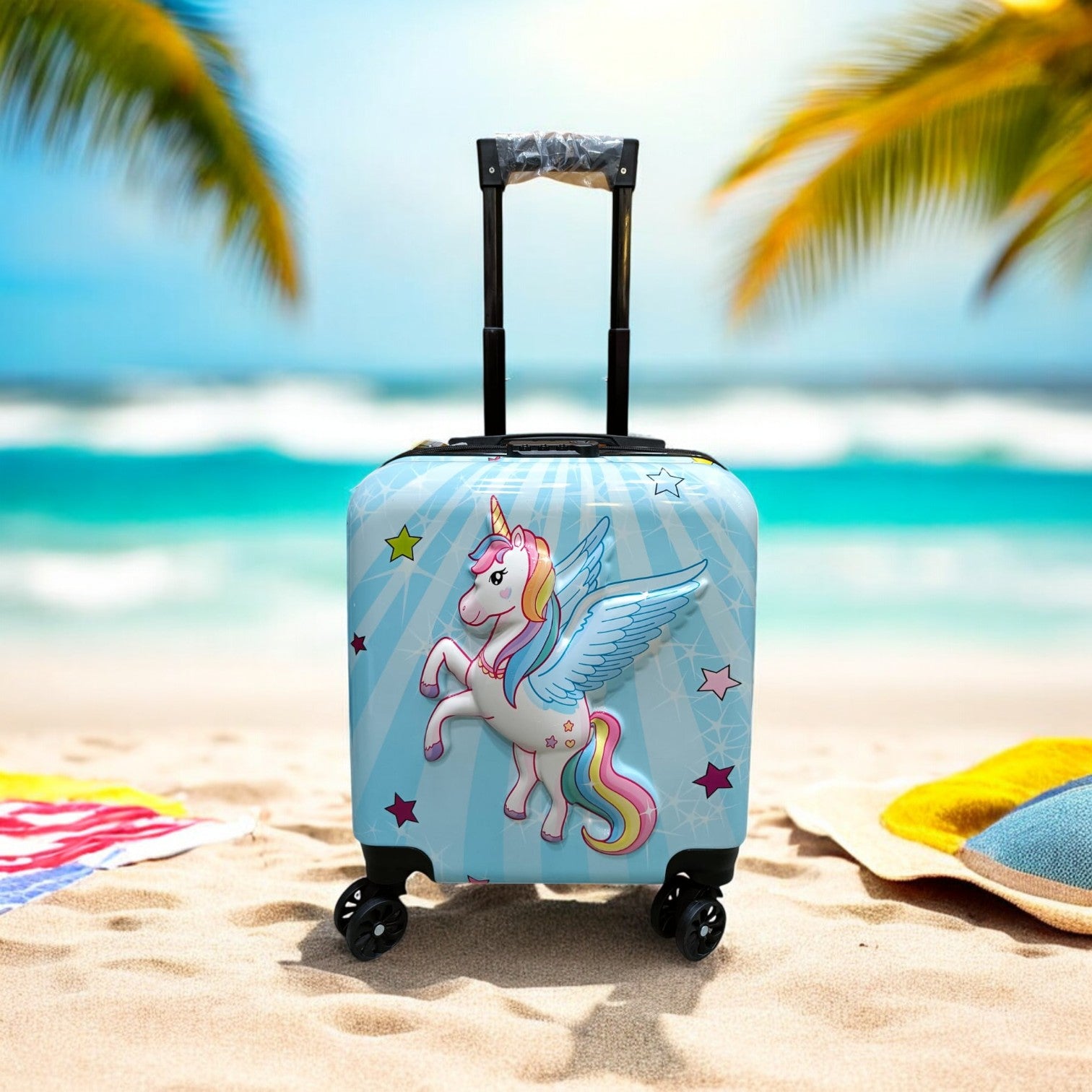 Blue football kids travel luggage 3 piece combo set, including a backpack, small trolley, and large trolley bag. Perfect children's travel bags for www.usmile.toys