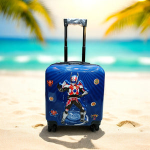 Blue Spiderman kids travel luggage 3 piece combo set, including backpack, small trolley, and large trolley bag, shown on a beach. Ideal superhero travel bags for www.usmile.toys