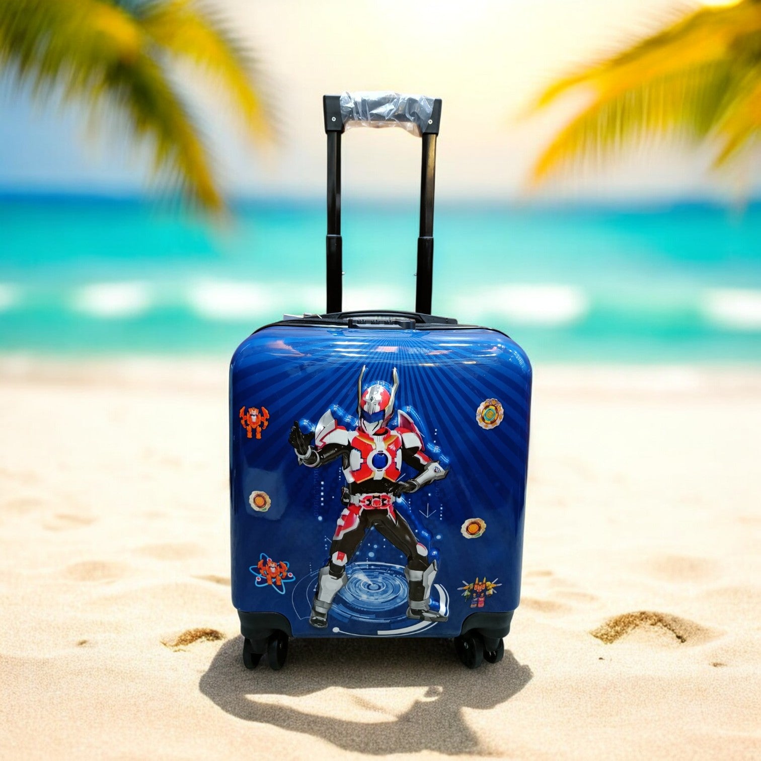 Blue Spiderman kids travel luggage 3 piece combo set, including backpack, small trolley, and large trolley bag, shown on a beach. Ideal superhero travel bags for www.usmile.toys