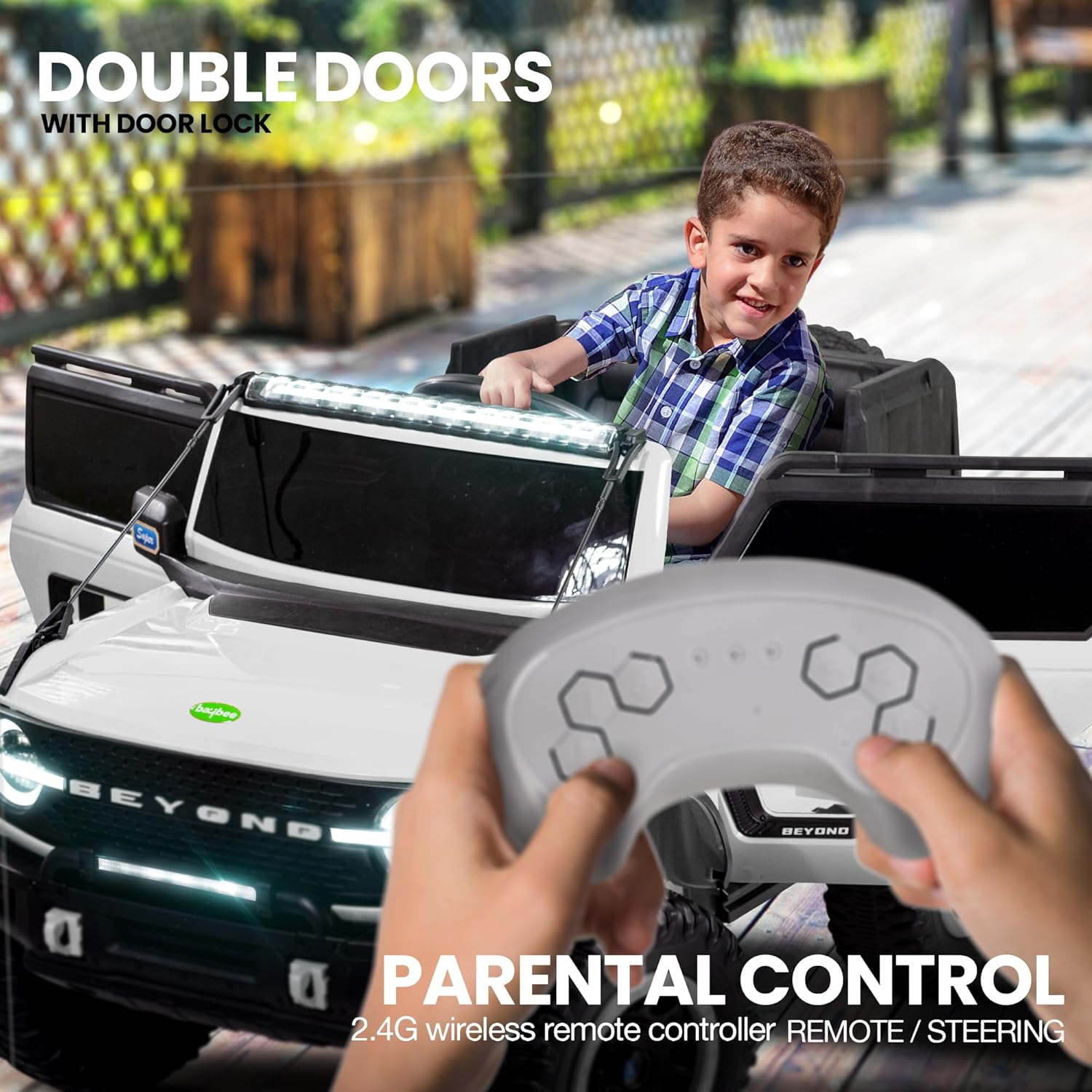 White battery operated kids jeep ride-on toy car with black accents, featuring bright LED headlights, roof lights, and music, suitable for children's play." www.usmile.toys