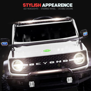 White battery operated kids jeep ride-on toy car with black accents, featuring bright LED headlights, roof lights, and music, suitable for children's play." www.usmile.toys