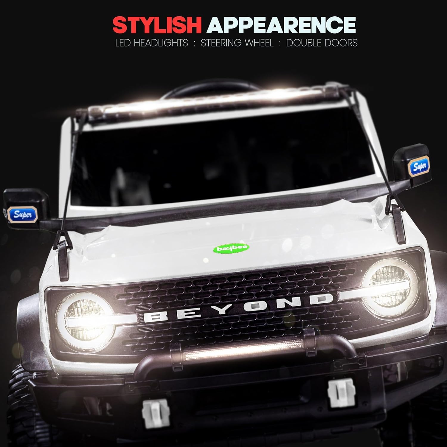 White battery operated kids jeep ride-on toy car with black accents, featuring bright LED headlights, roof lights, and music, suitable for children's play." www.usmile.toys