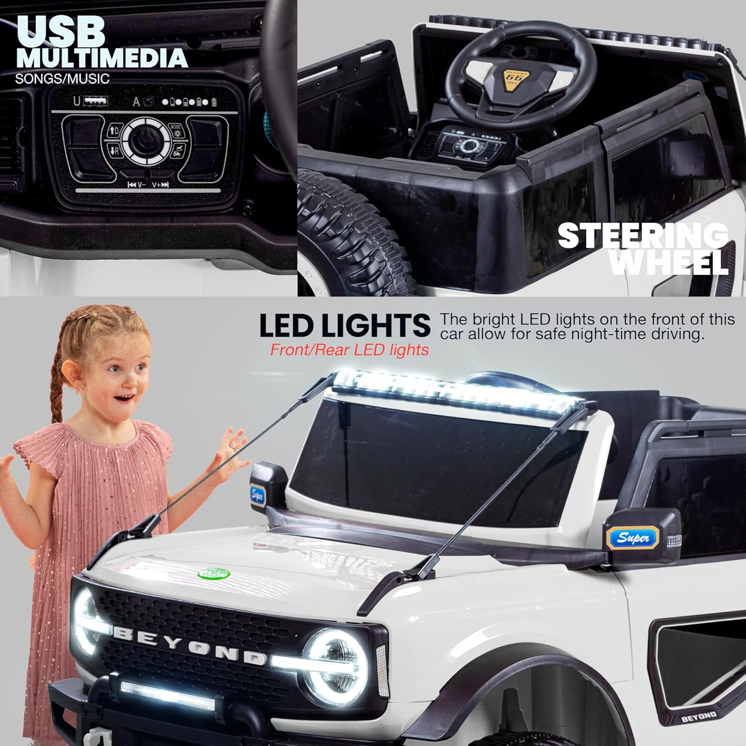 White battery operated kids jeep ride-on toy car with black accents, featuring bright LED headlights, roof lights, and music, suitable for children's play." www.usmile.toys