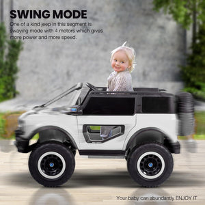 White battery operated kids jeep ride-on toy car with black accents, featuring bright LED headlights, roof lights, and music, suitable for children's play." www.usmile.toys