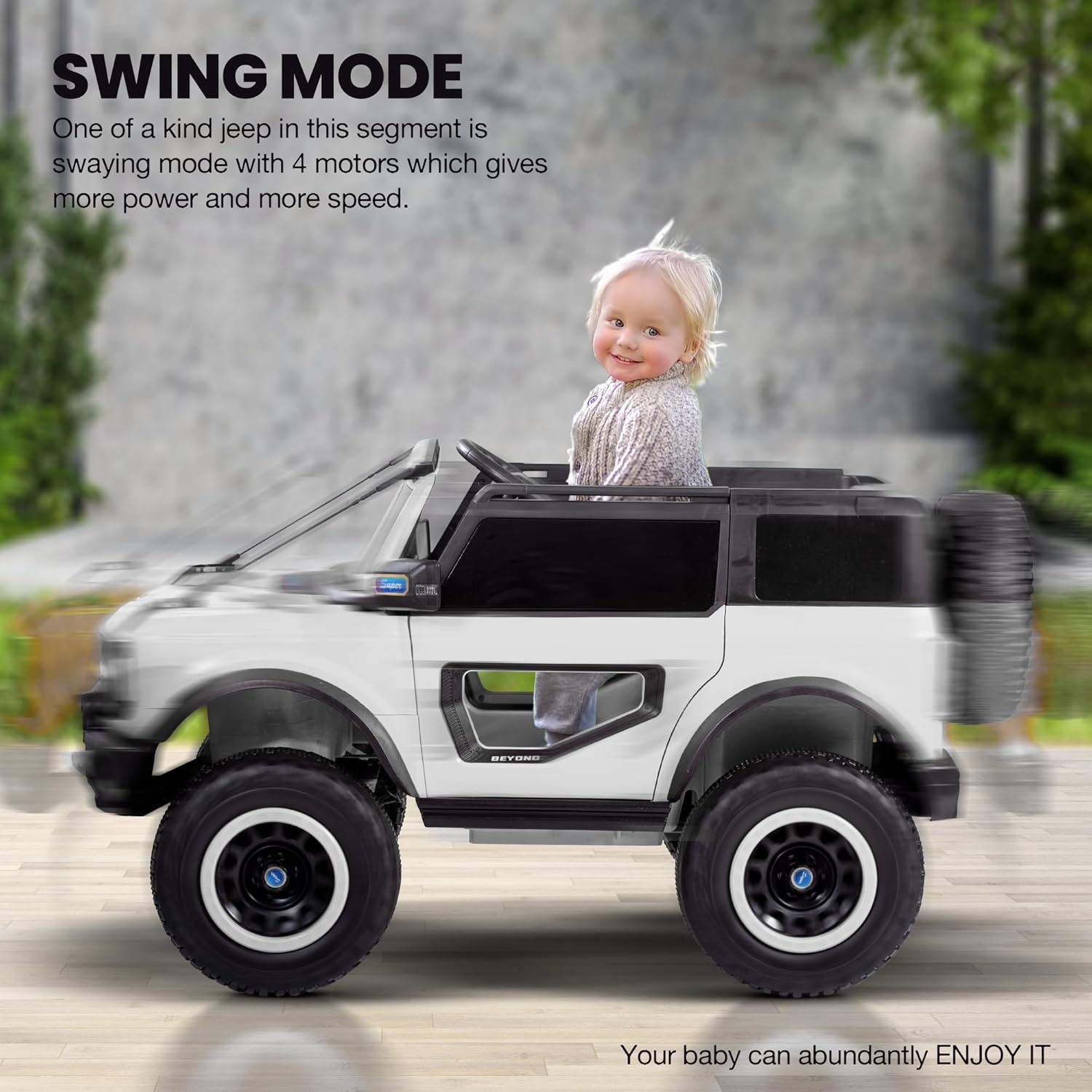 White battery operated kids jeep ride-on toy car with black accents, featuring bright LED headlights, roof lights, and music, suitable for children's play." www.usmile.toys