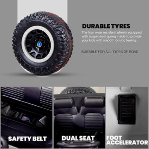 U Smile Toys sleek white battery operated jeep for kids, a large ride-on toy car with realistic design, featuring bright LED headlights, a roof light bar, built-in music, durable tires with white rims, and robust suspension, ideal for indoor or outdoor adventures for children." www.usmile.toys