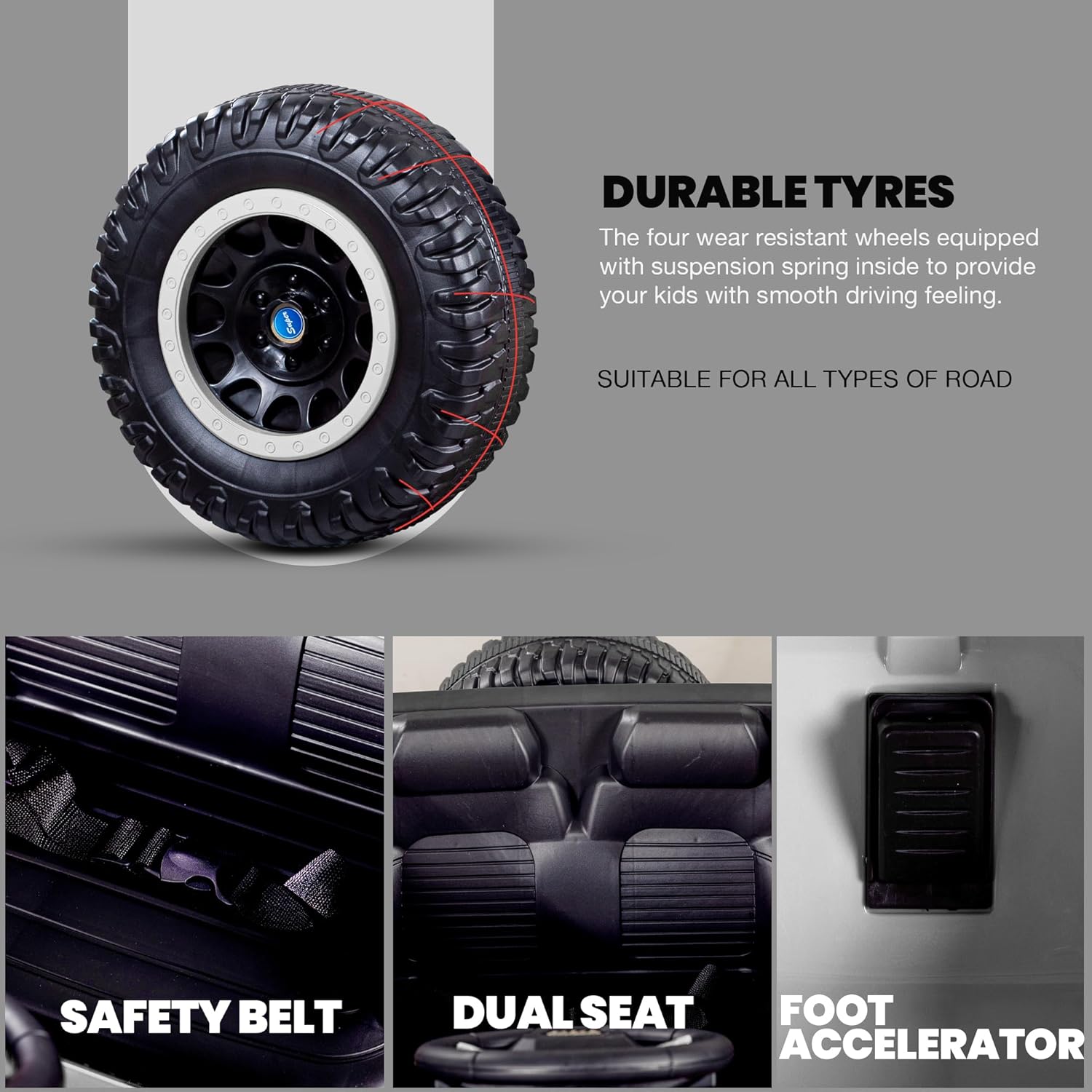 U Smile Toys sleek white battery operated jeep for kids, a large ride-on toy car with realistic design, featuring bright LED headlights, a roof light bar, built-in music, durable tires with white rims, and robust suspension, ideal for indoor or outdoor adventures for children." www.usmile.toys