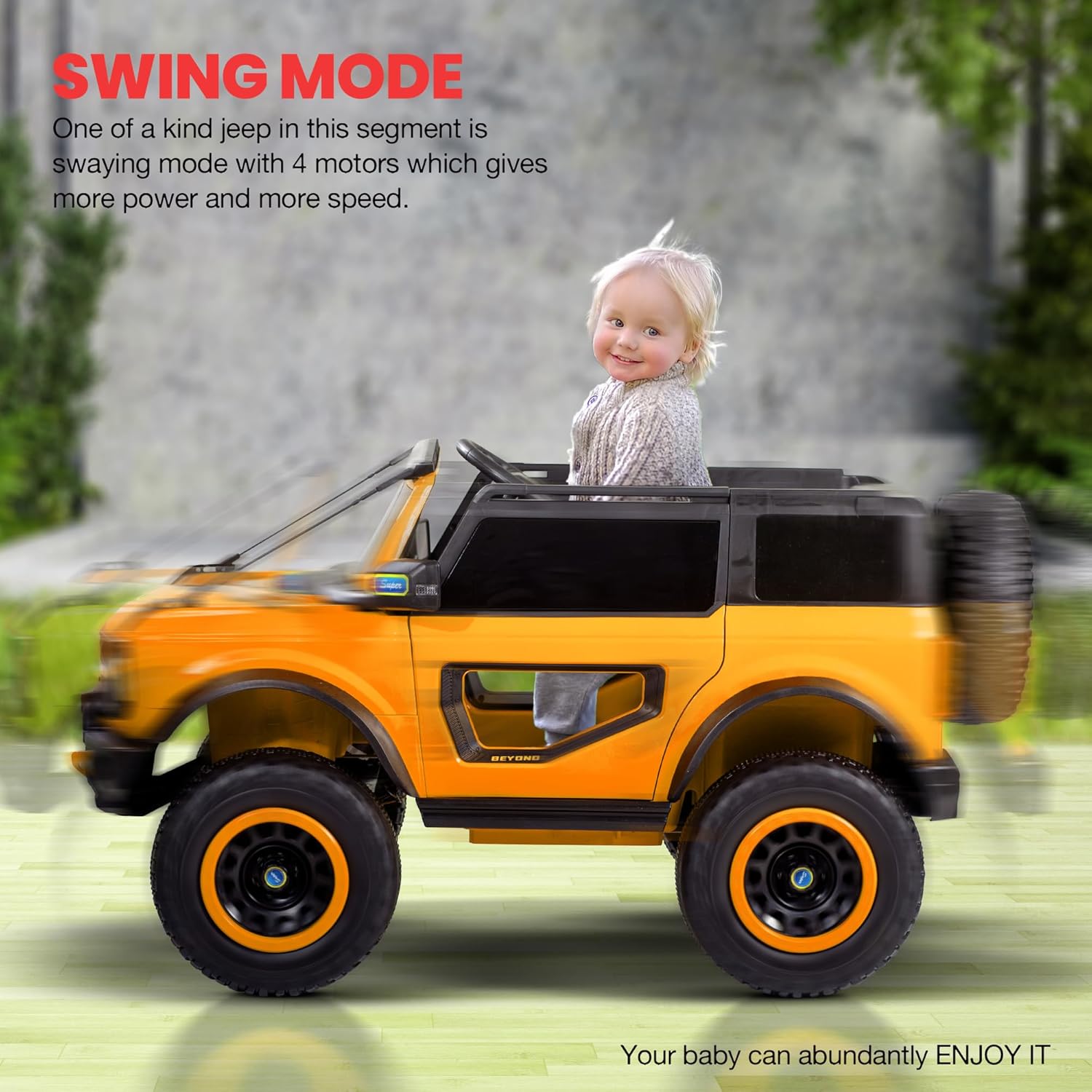 Modern and stylish kids' electric jeep, white ride-on car with "BEYOND" branding on the front, complete with glowing circular headlights and a long LED light bar on the roof, offering an exciting driving experience with sound." www.usmile,,toys
