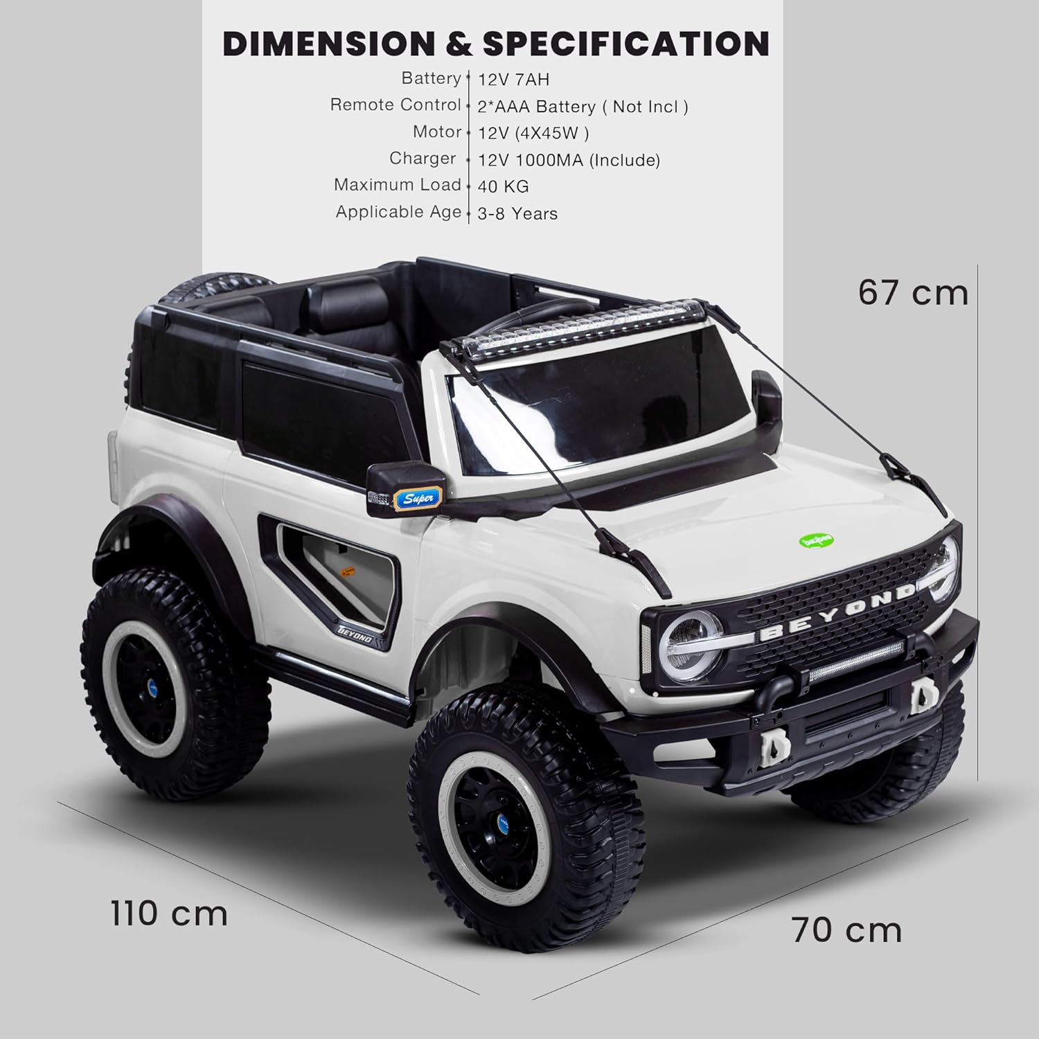 toy car with realiU Smile Toys sleek white battery operated jeep for kids, a large ride-on stic design, featuring bright LED headlights, a roof light bar, built-in music, durable tires with white rims, and robust suspension, ideal for  www.usmile.toyd