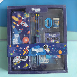 Space-themed stationery set in packaging with 'Dream Space' branding on a blue background.