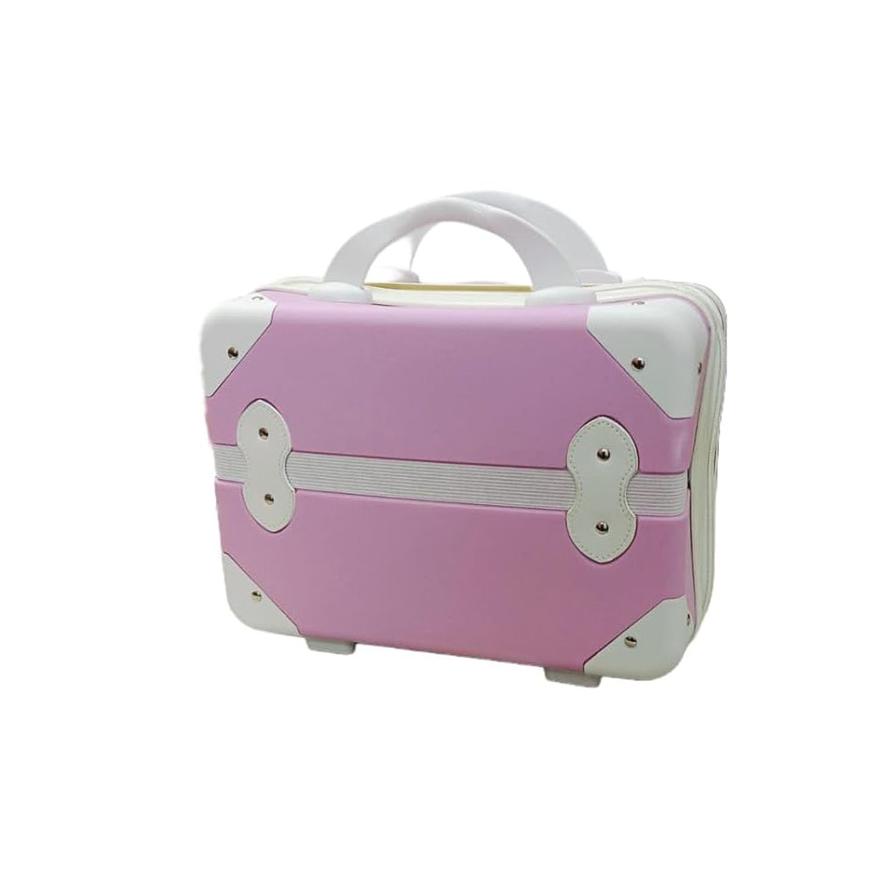 Pink and white kids fashion cosmetic bag for travel, featuring a vintage-style trunk design with white handles and trim. Compact vanity case from www.usmile.toys