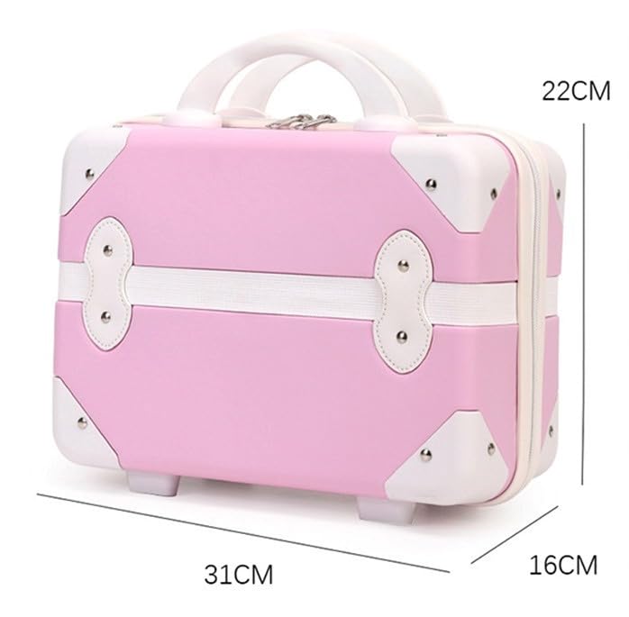 Pink and white kids fashion cosmetic bag for travel, featuring a vintage-style trunk design with white handles and trim. Compact vanity case from www.usmile.toys