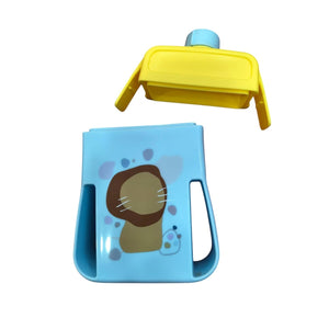 Bright yellow kids' bento-style lunch box and coordinating two-tone water bottle with lion print for school. www.usmile.toys