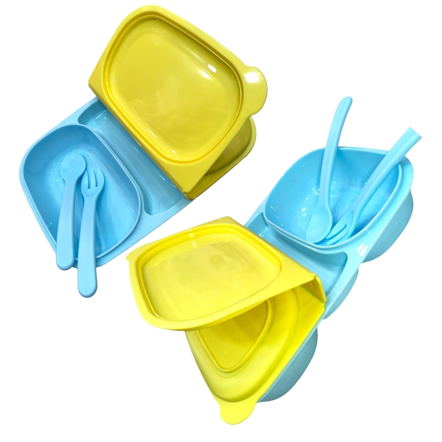 Usmile Toys kids' yellow plastic lunch box and blue lion print water bottle set, ideal for daily school use. www.usmile.toys