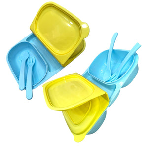 Usmile Toys kids' yellow plastic lunch box and blue lion print water bottle set, ideal for daily school use. www.usmile.toys