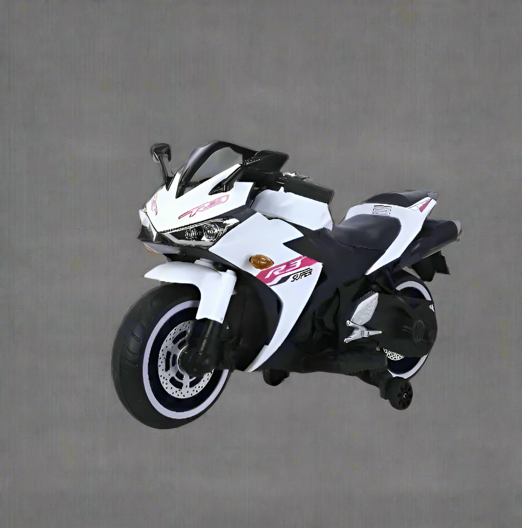 Usmile Toys white Kids Toy Ninja Bike, 12V battery operated electric ride-on motorcycle for children with pink accents WWW.USMILE.TOYS