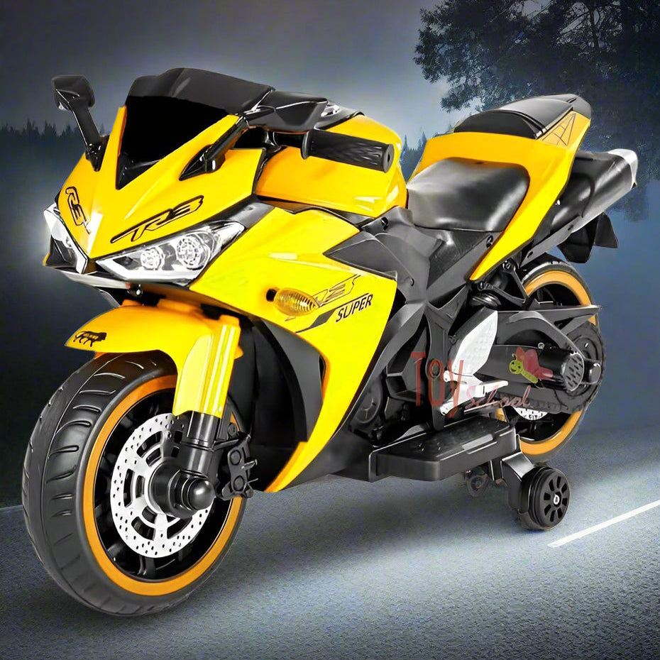 Usmile Toys yellow R3 kids electric ride-on bike, 12V battery operated toy motorcycle with training wheels and lights WWW.USMILE.TOYS