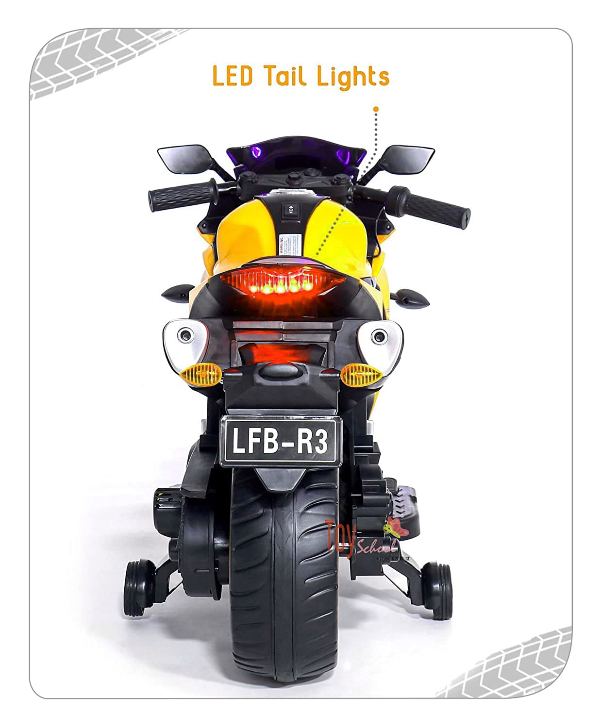 Powerful 12V rechargeable yellow R3 toy bike for kids, realistic electric ride-on motorcycle with training wheels for stability WWW.USMILE.TOYS