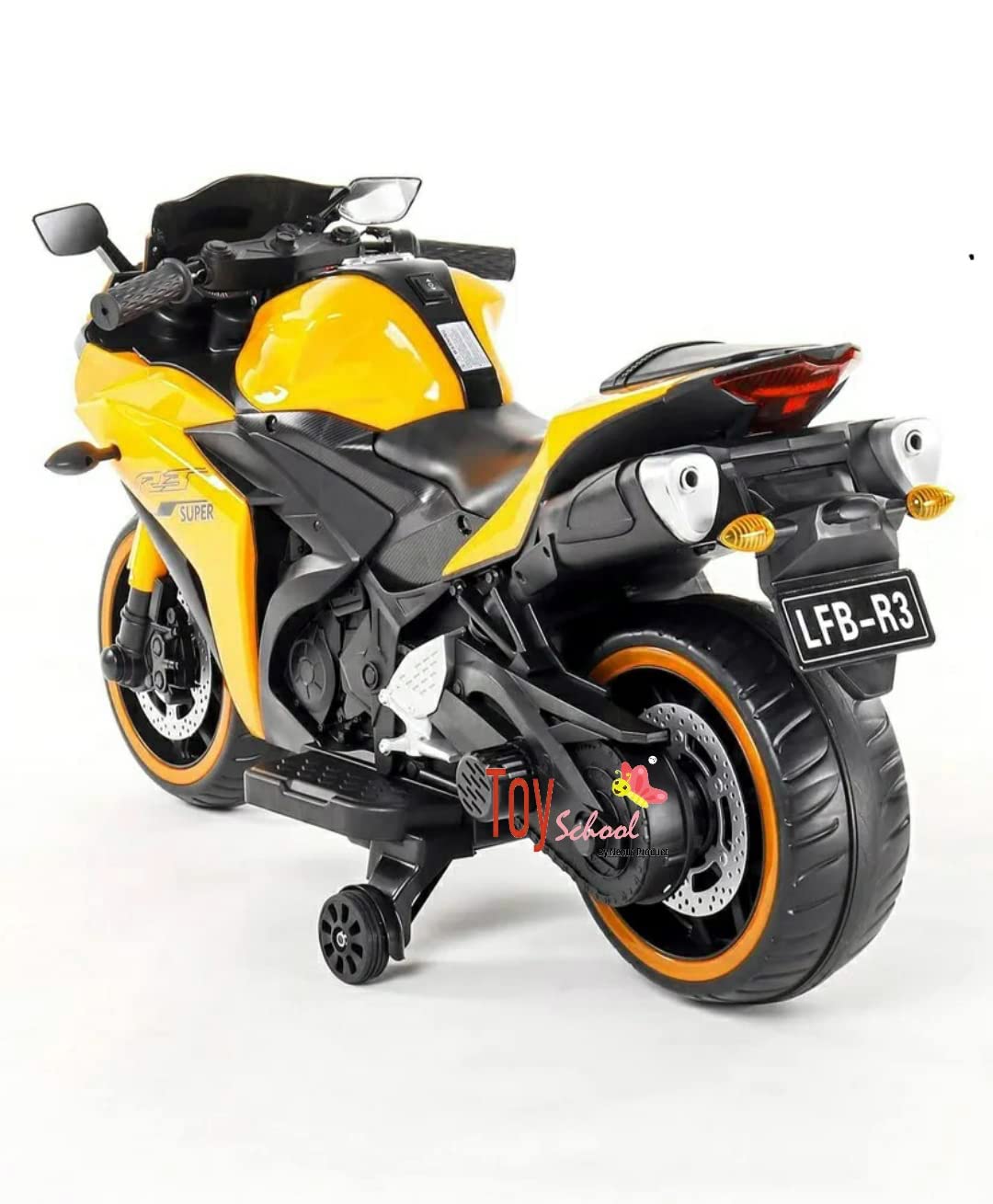Powerful 12V rechargeable yellow R3 toy bike for kids, realistic electric ride-on motorcycle with training wheels for stability WWW.USMILE.TOYS