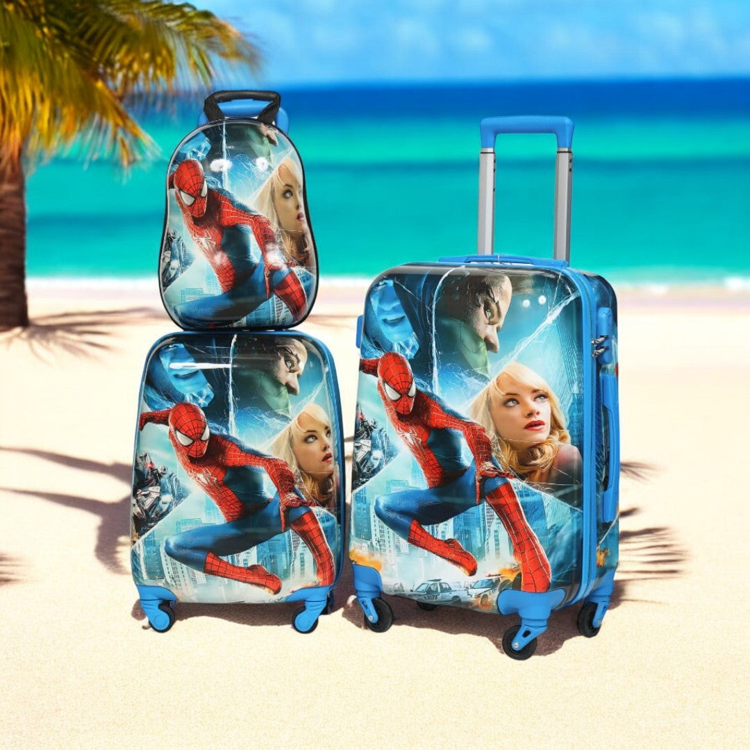 Blue Spiderman kids travel luggage 3 piece combo set, including a backpack, small trolley, and large trolley bag. Perfect children's travel bags for www.usmile.toys