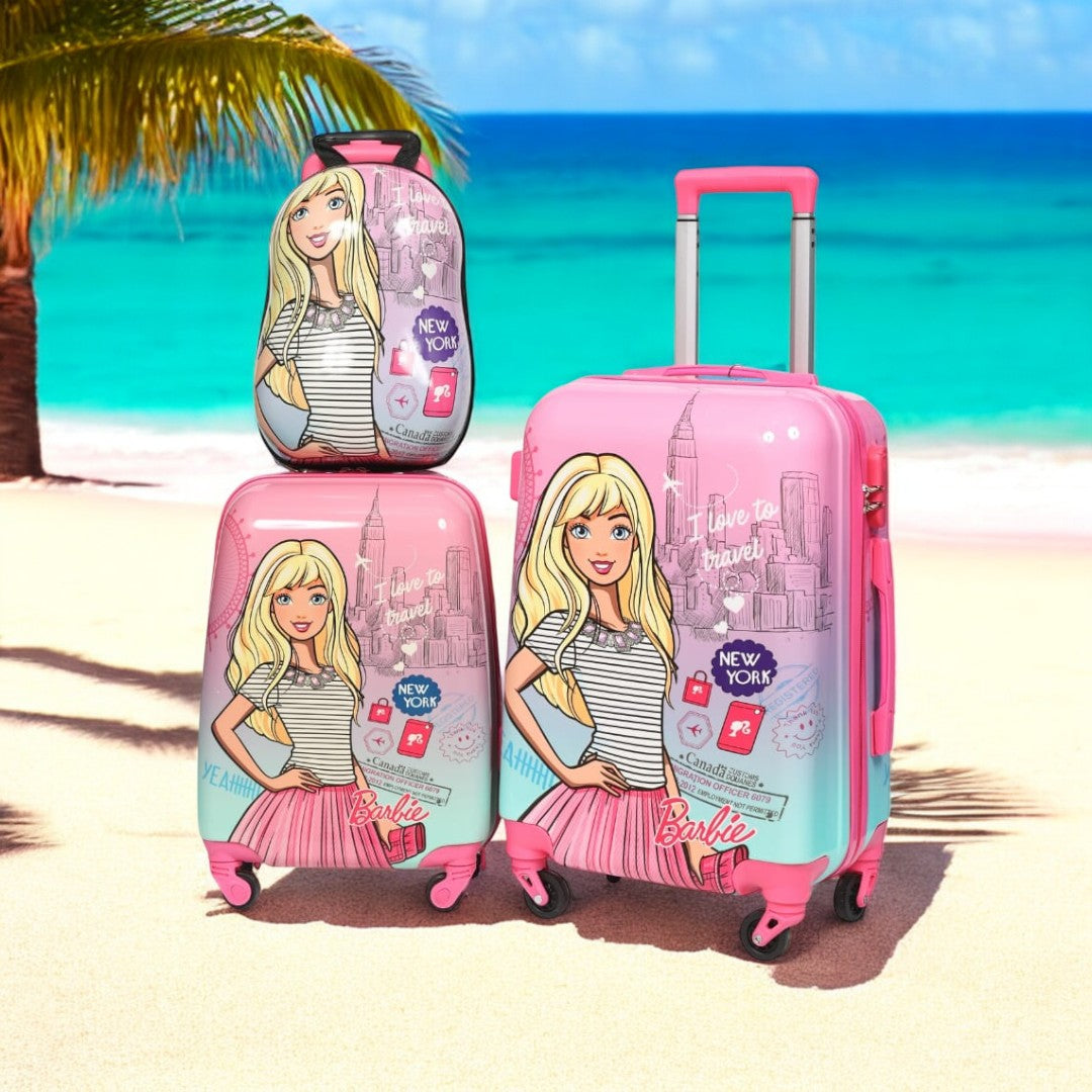 Pink Barbie kids travel luggage 3 piece combo set, including a backpack, small trolley, and large trolley bag. Perfect children's travel bags for www.usmile.toys
